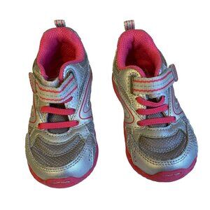 Stride Rite Size 5.5 Toddler Girl Sneakers Easy Closure Silver And Pink Leather